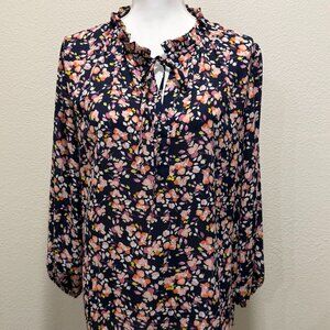 Counterparts blue floral blouse, v-neck with tie closure, ruffle collar, L